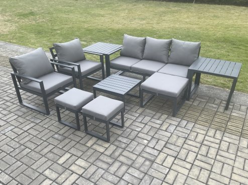 Fimous Aluminium Outdoor Lounge Sofa Set Garden Furniture Sets with Square Coffee Table 2 Chairs 3 Footstools 2 Side Tables Dark Grey 8 Seater