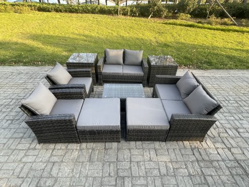 Fimous Garden Furniture Sets 9 Pieces Outdoor Rattan Furniture Manual Wicker Patio Sofa Chair Set with Coffee Table 2 Big Footstool 2 Side Tables Dark Grey Mixed