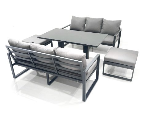 Fimous 8 Seater Aluminium Outdoor Garden Furniture Set with Adjustable Rising Lifting Dining Table 3 Seater Sofa 2 Big Footstool Dark Grey