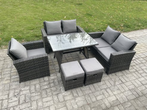 Fimous Wicker PE Rattan Garden Dining Set Outdoor Furniture Sofa with Rectangular Dining Table Love Seat Sofa 2 Small Footstools Dark Grey Mixed