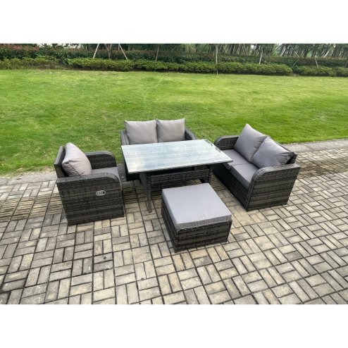Fimous Lounge Rattan Sofa Set Outdoor Garden Furniture Oblong Rectangular Dining Table With Chairs Big Footstool Dark Grey Mixed