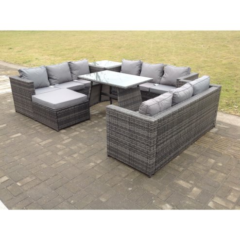 Fimous Outdoor Rattan Garden Furniture Lounge Sofa Set With Oblong Dining Table Side Coffee Table And Big Footstool