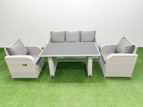 Fimous Outdoor Rattan Garden Furniture Dining Set 5-seater Patio Rectangular Table 3 Seater Sofa Reclining Chair Set