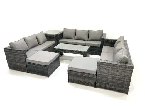 Fimous Outdoor Garden Furniture Set 7 Pieces Rattan Sofa Set with Coffee Table 2 Big Footstools Side Table Dark Grey Mixed