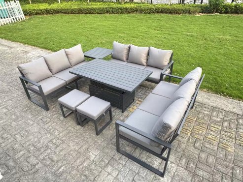 Fimous U-shaped Garden Furniture Set 11-Seater Aluminium Outdoor Dining Set with Adjustable Rising Lifting Dining Table 2 Small Footstools Dark Grey