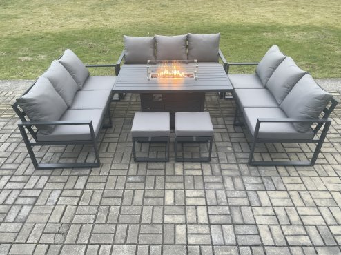 Fimous Aluminium 11 Seater Garden Furniture Outdoor Set Patio Lounge Sofa Gas Fire Pit Dining Table Set with 2 Small Footstools Dark Grey