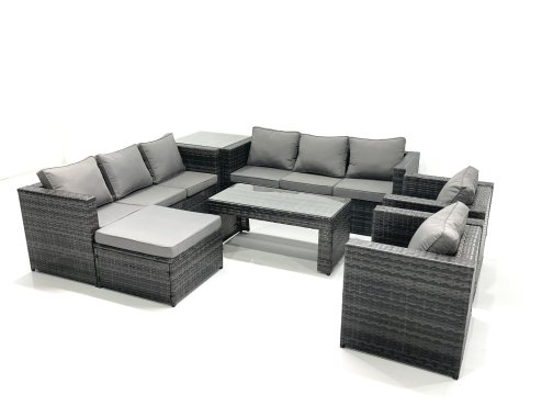 Fimous Rattan Garden Furniture Sofa Set with Coffee table Armchair Side Table Big Footstool Dark Grey Mixed