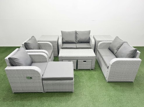 Fimous 9 Seater Outdoor Reclining Chair Love Sofa Set Rattan Garden Furniture Set with Oblong Coffee Table 3 Stools 2 Side Table Light Grey