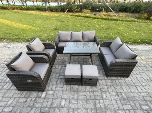 Fimous Outdoor Rattan Garden Furniture Set 9 Seater Patio Lounge Sofa Set with Dining Table 2 Small Footstools Dark Grey Mixed