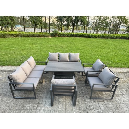 Fimous 10 Piece Garden Furniture Set 11-Seater Aluminium Outdoor Dining Set with Adjustable Rising Lifting Dining Table & Cushions 2 Side Tables 3 Footstools Dark Grey