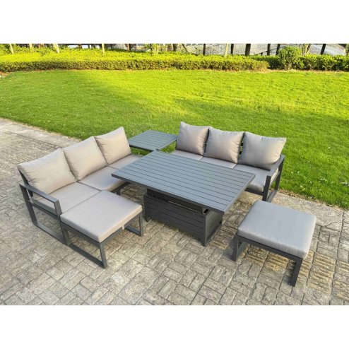 Fimous 5 Pieces Garden Furniture Set Aluminium Adjustable Rising Lifting Dining Table and Sofa Set with 2 Small Footstools Dark Grey