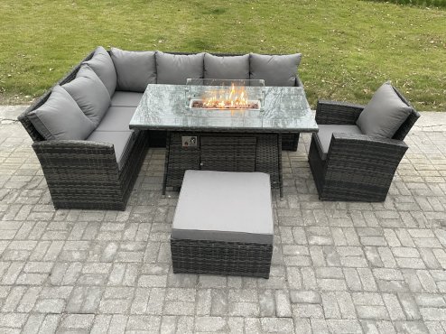 Fimous Rattan Garden Furniture High Back Corner Sofa Gas Fire Pit Dining Table Sets Gas Heater with Armchair Big Footstool 8 Seater Dark Grey Mixed