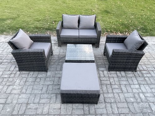 Fimous 5 PCS Outdoor Lounge Sofa Set Wicker PE Rattan Garden Furniture Set with Armchair Square Coffee Table Double Seat Sofa Big Footstool Dark Grey Mixed