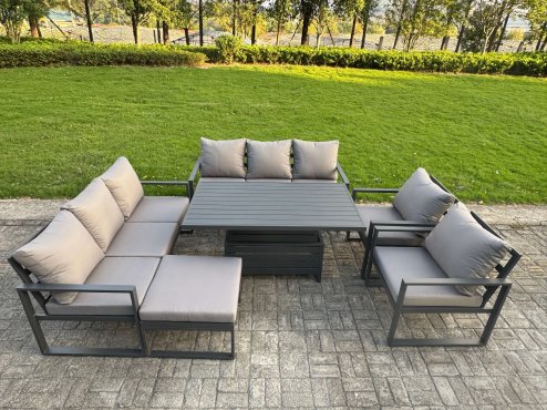 Fimous Garden Aluminium Furniture Set Dark Grey 8 Seater Outdoor Patio Adjustable Rising Lifting Dining Table with 2 Chairs 2 Side Tables Dark Grey