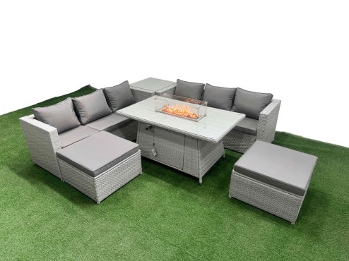 Fimous 8 Seat PE Rattan Lounge Sofa Set Outdoor Garden Furniture Set with Firepit Dining Table 3 Seater Sofa 2 Stools Side Table Light Grey