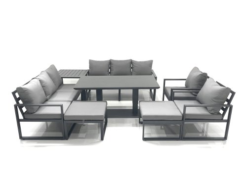 Fimous Garden Sofa Set Aluminium Furniture Rising Dining Tabe Set with 2 Chair 2 Big Footstool Side Table Dark Grey