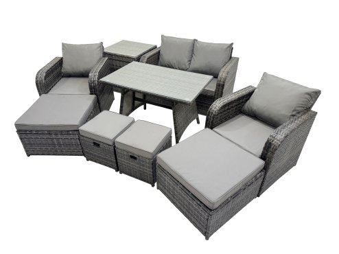 Fimous 8 Seater Garden Outdoor Rattan Furniture Set Rattan Sofa Oblong Dining Table with 2 Big Stools Side Table Dark Grey