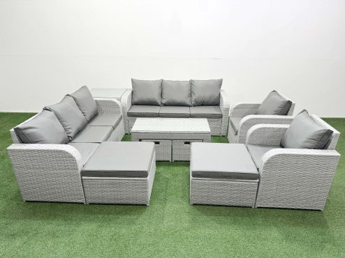 Fimous PE Wicker Rattan Furniture Sofa Sets with Oblong Coffee Table 3 Seater Sofa 4 Stools Side Table Light Grey