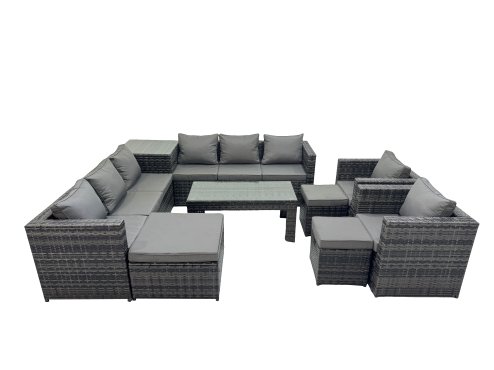 Fimous Garden Rattan Outdoor Furniture Set 11 Seater Patio Corner Sofa Oblong Coffee Table with Chair 3 Stools Side Table Dark Grey