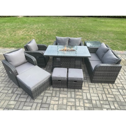 Fimous 9 Seater Rattan Garden Furniture Set Propane Gas Fire Pit Table and Sofa Chair set with 3 Footstool Side Table