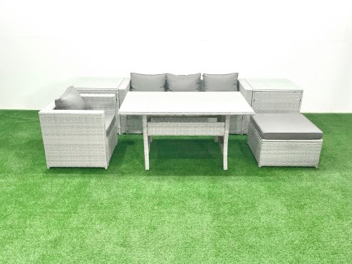 Fimous Rattan Garden Furniture Dining Set 5 Seater Lounge Sofa Chair Dining Table Set with Big Footstool Light Grey Mixed