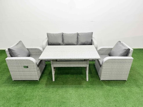 Fimous PE Rattan Garden Furniture Set Reclining Chair Sofa Lounge Sofa Set Rectangular Dining Table Light Grey