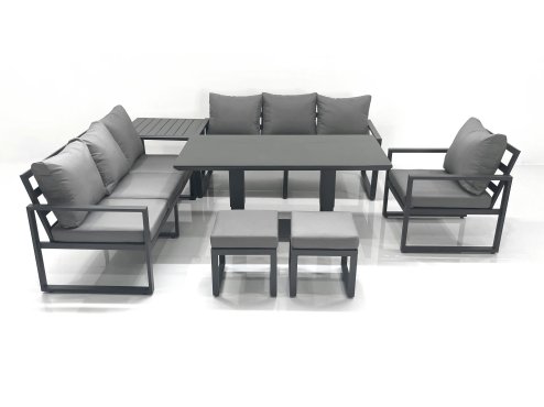 Fimous Outdoor Garden Furniture Set Aluminium Lounge Sofa Adjustable Rising Lifting Dining Table Sets with 2 Small Footstools Side Table Dark Grey