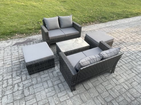Fimous Wicker Rattan Garden Furniture Sofa Set with Rectangular Coffee Table Double Seat Sofa 2 Big Footstool 6 Seater Outdoor Rattan Set Dark Grey Mixed