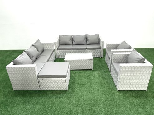 Fimous Outdoor Rattan Sofa Garden Furniture Set with 2 Armchairs Oblong Coffee Table Big Footstool Light Grey Mixed