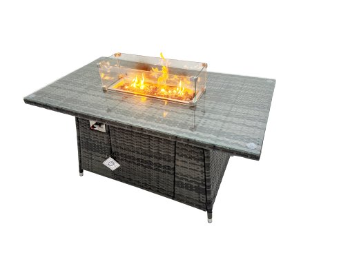 Fimous 6-seater Patio Gas Firpit Dining Table Sofa Sets Rattan Garden Furniture Dining Set with 2 Small Stools Dark Grey Mixed