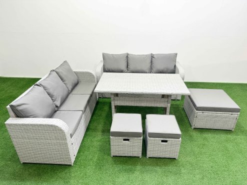 Fimous Outdoor Garden Furniture Sets 9 Seater Wicker Rattan Furniture Sofa Sets with Rectangular Dining Table high Back Lounge Sofa 3 Stools Light Grey
