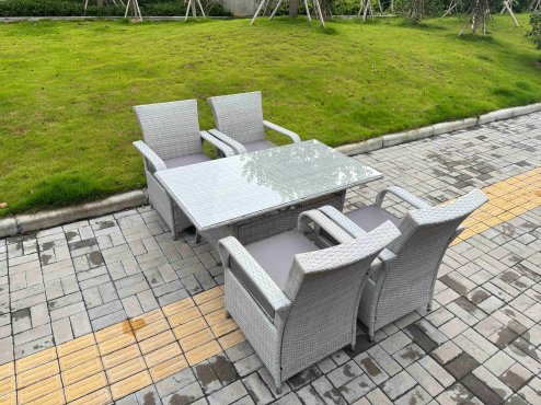 Fimous Light Grey Rattan Outdoor Garden furniture Set Rectangular Table and 4 Chairs Set with Seat Cushion