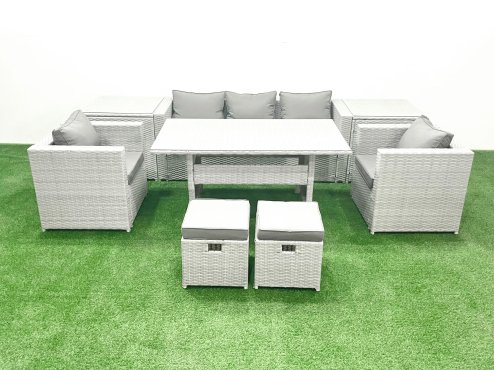 Fimous Garden Dining Set Outdoor Rattan Furniture Set with Sofa Dining Table 2 Chairs 2 Small Footstools 2 Side Tables Light Grey Mixed