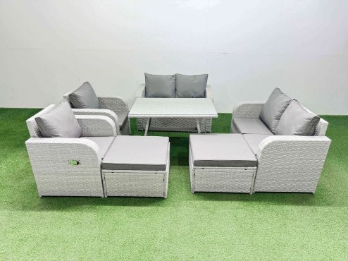 Fimous 8 Seater Rattan Garden Furniture Set Outdoor Love Sofa Set with Rectangular Dining Table 2 Big Footstools Light Grey
