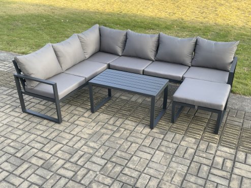 Fimous Aluminium Garden Furniture Set Outdoor Indoor Lounge Corner Sofa Oblong Coffee Table Sets with Big Footstool Dark Grey