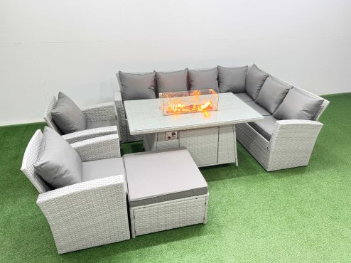 Fimous Rattan Corner Sofa Chair Set Outdoor Furniture Garden Dining Set Gas Fire Pit Table with Temper Glass Footstools Light Grey Mixed