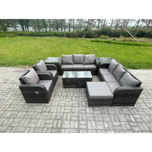 Fimous Wicker PE Rattan Sofa Set 11 Seater Outdoor Patio Garden Furniture Set with 2 Reclining Chairs Coffee Table 2 Side Tables 3 Footstools Dark Grey Mixed