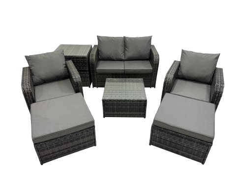 Fimous Rattan Garden Outdoor Furniture Set Love Sofa Reclining Chair Square Coffee Table Set with Side Table 2 Big Stool Dark Grey Mixed