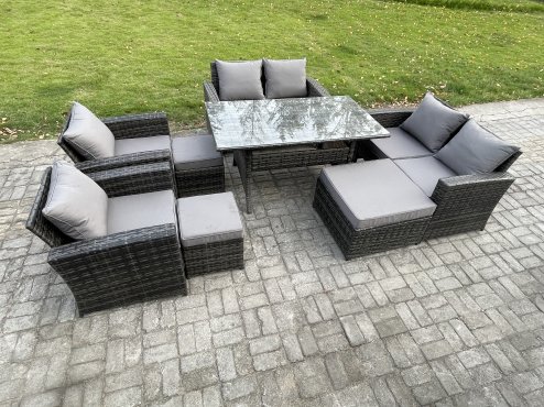 Fimous Garden Furniture Sets 8 Pieces Rattan Furniture Handmade Wicker Patio Sofa Set with 3 Footstools Dark Grey Mixed