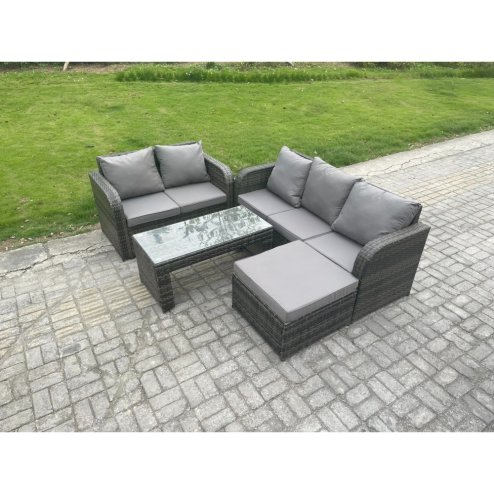 Fimous Outdoor Rattan Garden Furniture Set Patio Lounge Sofa Set with Rectangular Coffee Table Big Footstool Dark Grey Mixed