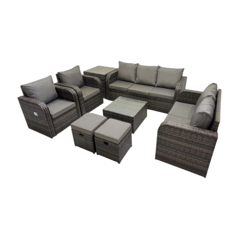 Fimous 3 Seater Sofa Reclining Chair Coffee Table Set Rattan Garden Outdoor Furniture Set with Side Table 2 Small Stool Dark Grey Mixed