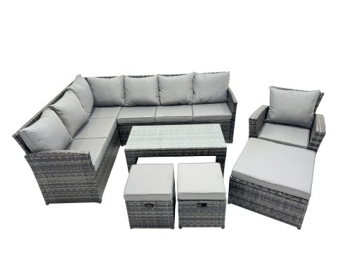 Fimous 10 Seat Poly Rattan Outdoor Patio Oblong Coffee Table Corner Sofa Set with 3 Stool Chair for Garden Backyard Dark Grey Mixed