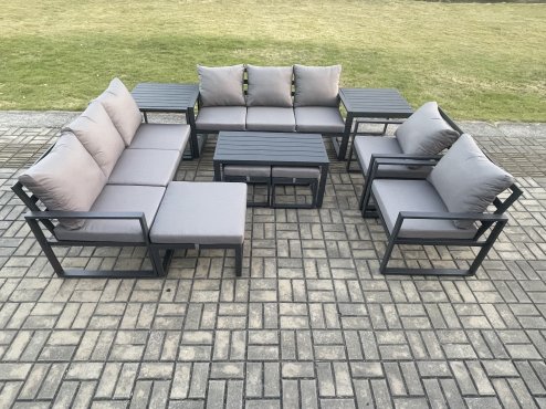 Fimous Aluminium Outdoor Garden Furniture Lounge Sofa 2 PC Chairs Oblong Coffee Table Sets with 2 Side Tables 3 Footstools Dark Grey