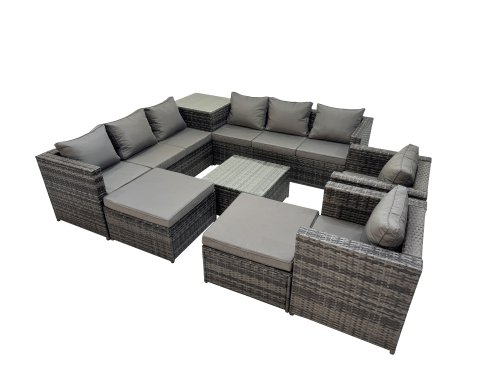 Fimous 10 Seater Garden Outdoor Rattan Furniture Set Patio Corner Sofa Coffee Table with Side Table 2 Big Stool Dark Grey