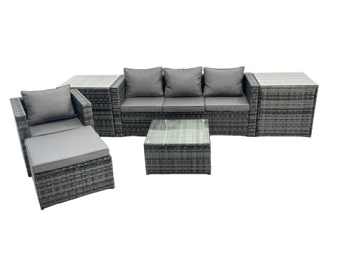 Fimous Outdoor Rattan Garden Furniture Set 5 Seater Patio Lounge Sofa Set with Armchair Square Coffee Table Big Footstool Dark Grey Mixed