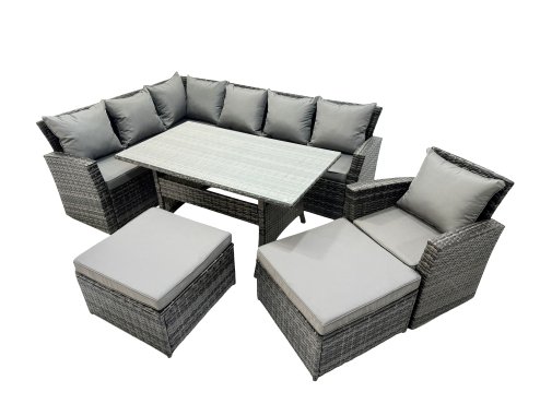Fimous 9 Seat Rattan High Back Corner Sofa Set Patio Dining Table Set with 2 Big Stools Chair Dark Grey Mixed