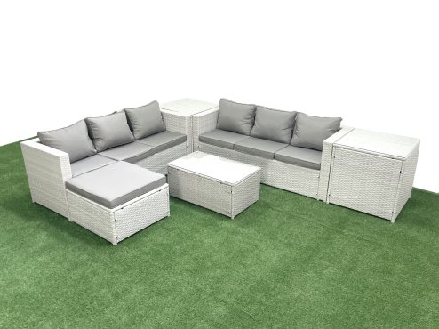 Fimous Garden Outdoor PE Rattan Furniture Set 7 Seater Rattan Garden Sofa Set with Big Footstool 2 Side Tables Light Grey Mixed Image