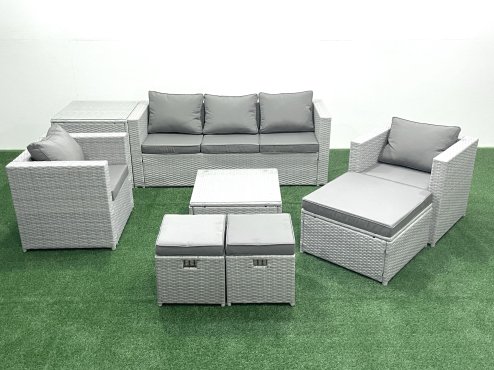 Fimous Rattan Garden Outdoor Furniture Sofa Set with Square Coffee Table 2 Chairs 3 Footstools Side Table Light Grey Mixed