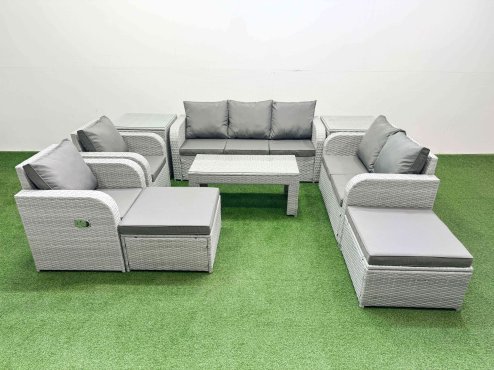 Fimous PE Rattan Garden Furniture Set Adjustable Chair Sofa Double Love Seat 2 Seater Sofa Lounge Set Rectangular Coffee Table 2 Big Footstool 2 Side Table Light Grey Image