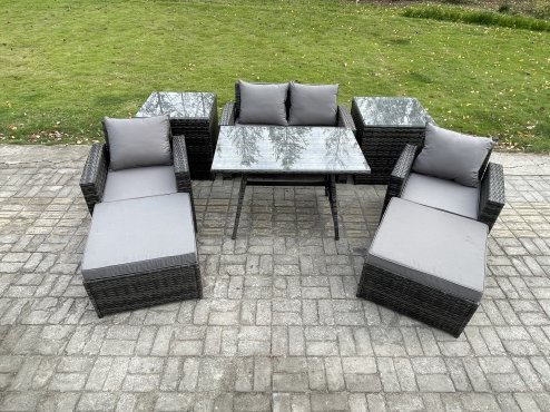Fimous Rattan Wicker Garden Furniture 6 Seater Patio Conservatory Sofa Set with Rectangular Dining Table Armchair 2 Seater Sofa 2 Big Footstool 2 Side Tables